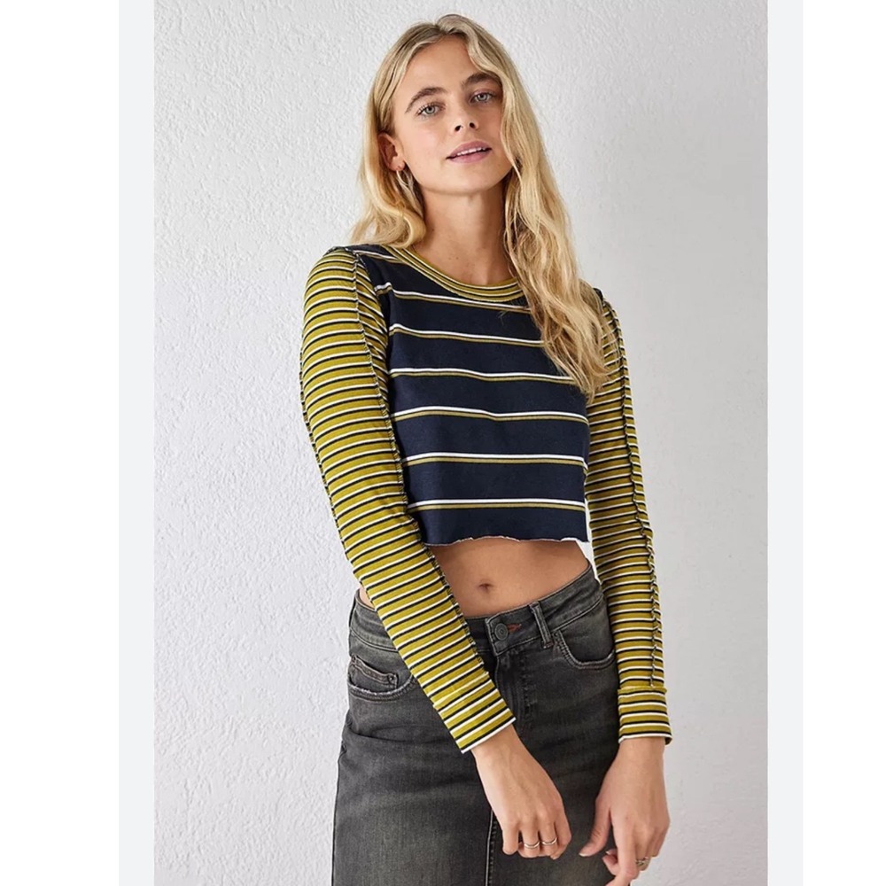 BDG Urban Outfitters Sen Spliced Stripe Long Sleeve Crop Top Black‎ Yellow XS